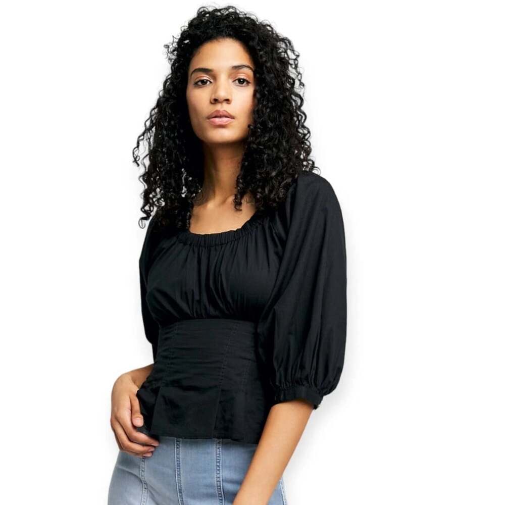 Free People Teagan Size Medium Black Puff-Sleeve On/Off Shoulder Peplum Blouse